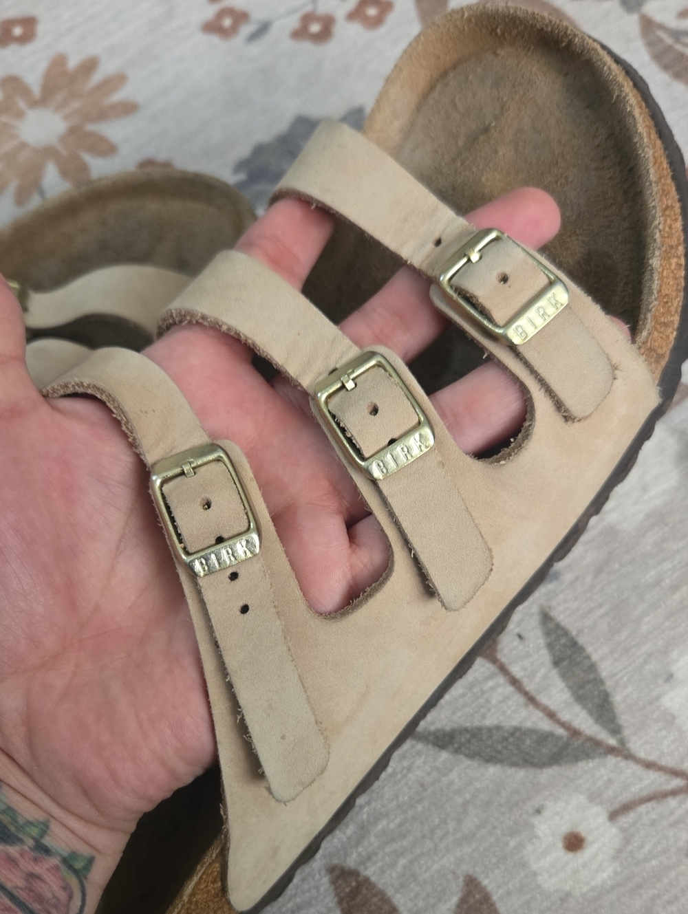Birkenstock Florida Triple Strap Tan Sandcastle Nubuck Leather Size 40 9 - Picture 7 of 8